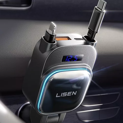 Lisen - Car Charger (YL0224080017) - 4in1, USB, Type-C, with 2x Retractable Cable, LED Display, 96W, 12V=24V - Black