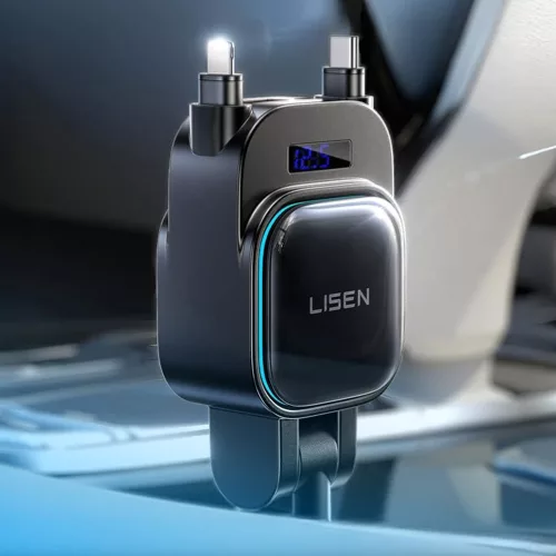 Lisen - Car Charger (YL0224080017) - 4in1, USB, Type-C, with 2x Retractable Cable, LED Display, 96W, 12V=24V - Black