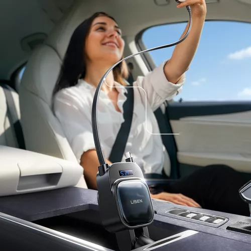 Lisen - Car Charger (YL0224080017) - 4in1, USB, Type-C, with 2x Retractable Cable, LED Display, 96W, 12V=24V - Black