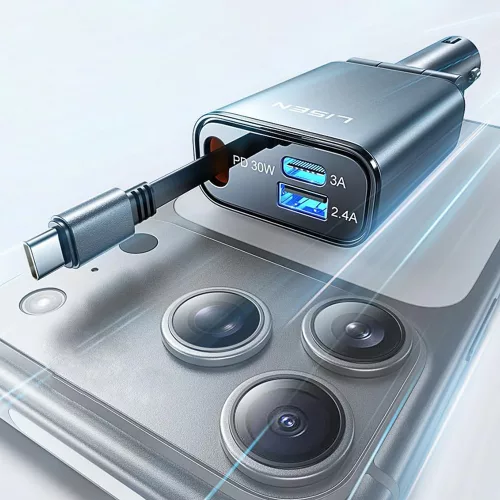 Lisen - Car Charger (YL0325010016) - 3in1, with Type-C Retractable Cable, 57W, Aluminum Alloy, 12V/24V - Black