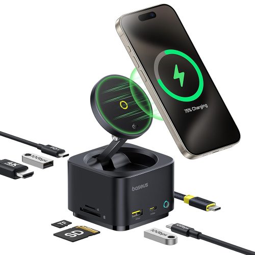 Baseus - Docking Station MagPro Series II (B00072900121-00) - Magnetic, USB, USB-C, HDMI, SD, 100W, 10Gbps, Qi2 15W - Black
