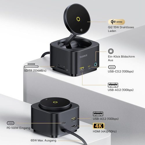 Baseus - Docking Station MagPro Series II (B00072900121-00) - Magnetic, USB, USB-C, HDMI, SD, 100W, 10Gbps, Qi2 15W - Black