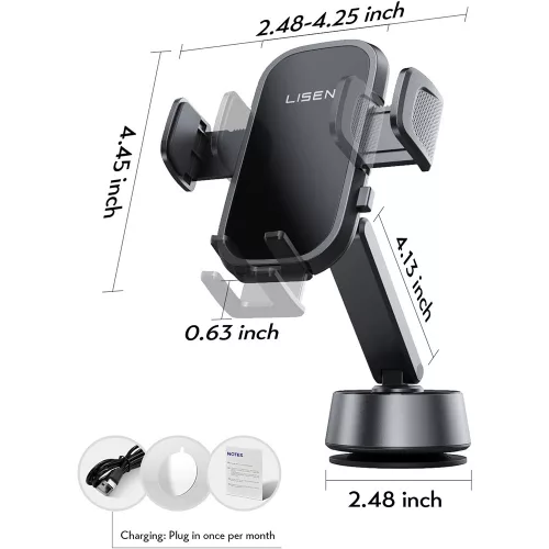 Lisen - Autós tartó A680 (YL0225010007) - Műszerfalra, Desk, Electric Tapadókorong, 360° forgás, Clamp Arm, 130mAh - Black
