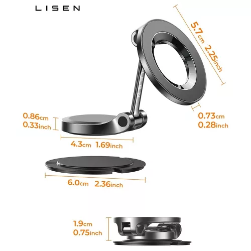 Lisen - Autós tartó (YL0223080002) - MagSafe, Műszerfalra, Univerzális, 360° forgás, Összehajtható, Erős mágnes - Black