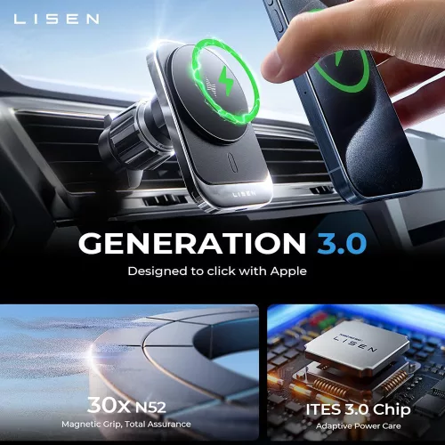 Lisen - Autós tartó vezeték nélküli töltéssel (YL0223070009) - MagSafe, Szellőzőrácsra, Square Shape, One-Click Release, 15W - Black