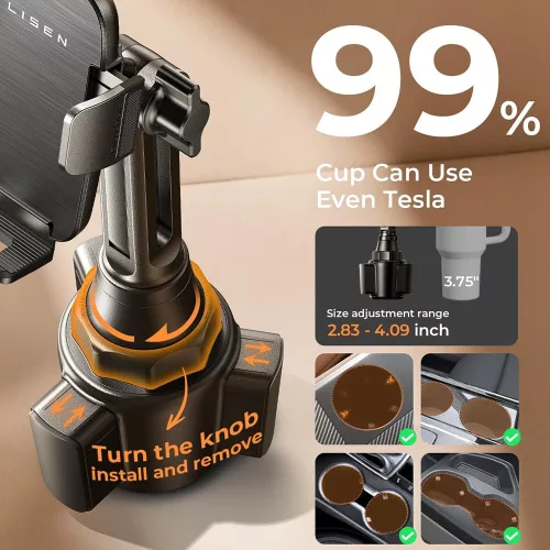 Lisen - Autós tartó (YL0223070048) - Pohártartóba, Univerzális, Állítható, Rázkódás elleni kialakítás, Biztos Tartás, for Phone up to 7" - Black