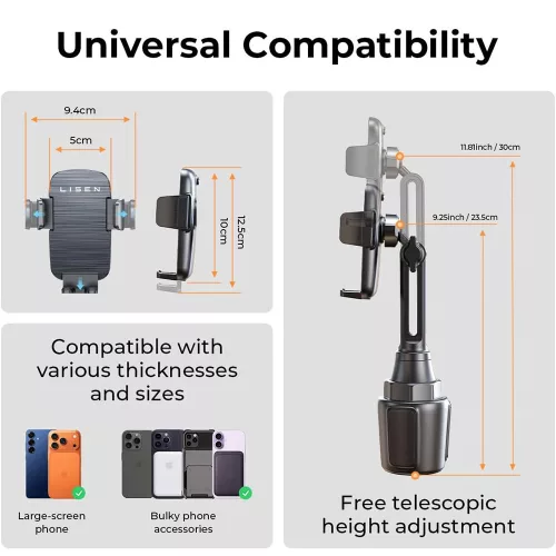 Lisen - Autós tartó (YL0223070048) - Pohártartóba, Univerzális, Állítható, Rázkódás elleni kialakítás, Biztos Tartás, for Phone up to 7" - Black