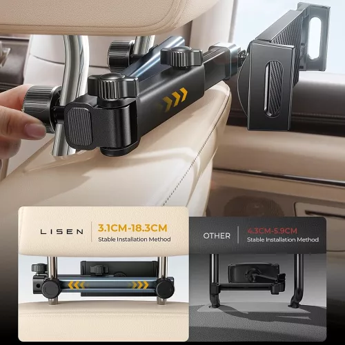 Lisen - Autós tartó (YL0423090004) - Fejtámlára, 360° forgás, Állítható, for Phone, Tablet up to 12.9" - Black