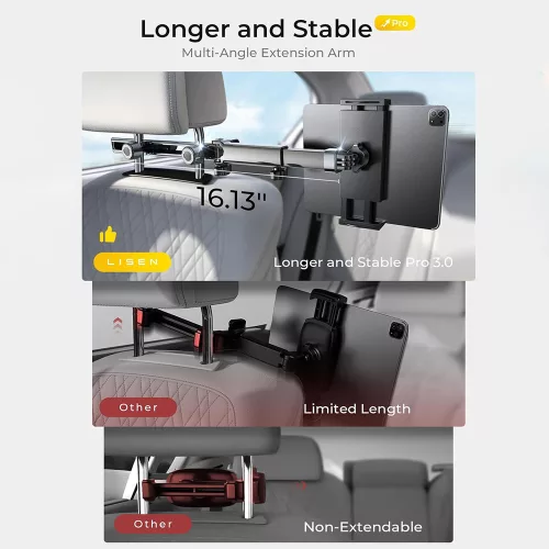 Lisen - Autós tartó (YL0423090004) - Fejtámlára, 360° forgás, Állítható, for Phone, Tablet up to 12.9" - Black