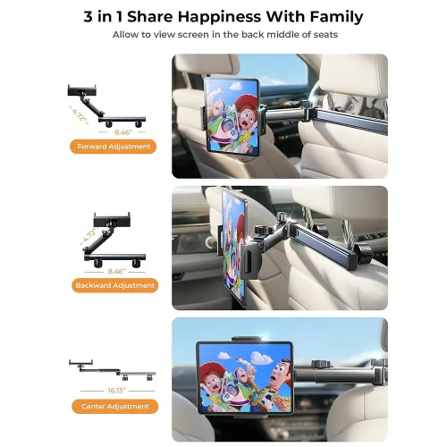 Lisen - Autós tartó (YL0423090004) - Fejtámlára, 360° forgás, Állítható, for Phone, Tablet up to 12.9" - Black