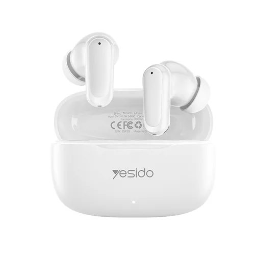 Yesido - Vezeték nélküli fülhallgató (TWS38) - Sztereó sínrendszer, Mikrofon, Bluetooth 5.4, Fülbe helyezhető kialakítás, 250mAh - Fehér
