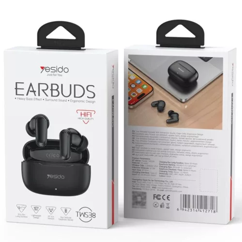 Yesido - Vezeték nélküli fülhallgató (TWS38) - Sztereó sínrendszer, Mikrofon, Bluetooth 5.4, Fülbe helyezhető kialakítás, 250mAh - Fehér