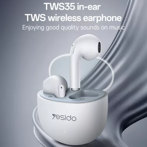 Yesido - Vezeték nélküli fülhallgató (TWS35) - Mikrofonnal, Bluetooth 5.3, Félig fülbe helyezhető kialakítás, 250mAh - Fehér