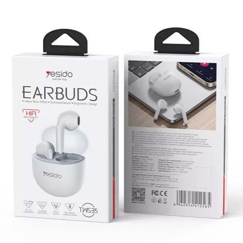 Yesido - Vezeték nélküli fülhallgató (TWS35) - Mikrofonnal, Bluetooth 5.3, Félig fülbe helyezhető kialakítás, 250mAh - Fehér