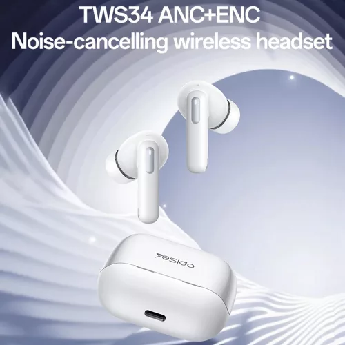 Yesido - Vezeték nélküli fülhallgató (TWS34) - Kettős mikrofon, ANC, Bluetooth 5.3, ENC, Fülbe helyezhető kialakítás, Érintésvezérlés, 320mAh - Fehér