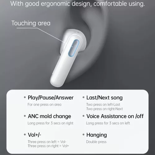 Yesido - Vezeték nélküli fülhallgató (TWS34) - Kettős mikrofon, ANC, Bluetooth 5.3, ENC, Fülbe helyezhető kialakítás, Érintésvezérlés, 320mAh - Fehér