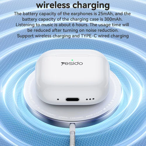 Yesido - Vezeték nélküli fülhallgató (TWS32) - ANC-vel, mikrofonnal, Bluetooth 5.4-gyel, félig fülbe helyezhető kialakítással, 300mAh - Fehér