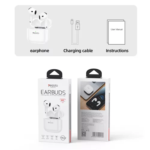 Yesido - Vezeték nélküli fülhallgató (TWS32) - ANC-vel, mikrofonnal, Bluetooth 5.4-gyel, félig fülbe helyezhető kialakítással, 300mAh - Fehér