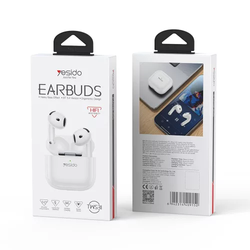 Yesido - Vezeték nélküli fülhallgató (TWS31) - 13 mm-es hangszóróval, Bluetooth 5.4, félig fülbe helyezhető kialakítás, 300mAh, C típusú - fehér