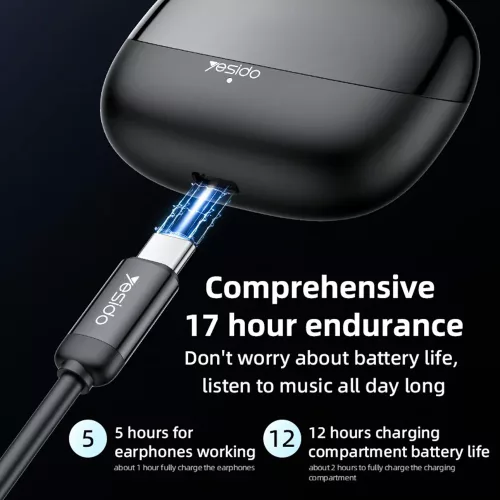 Yesido - Vezeték nélküli fülhallgató (TWS26) - Sztereó, Mikrofonnal, Bluetooth, 13 mm-es hangszóró, Fülbe helyezhető kialakítás, 250mAh - Fekete