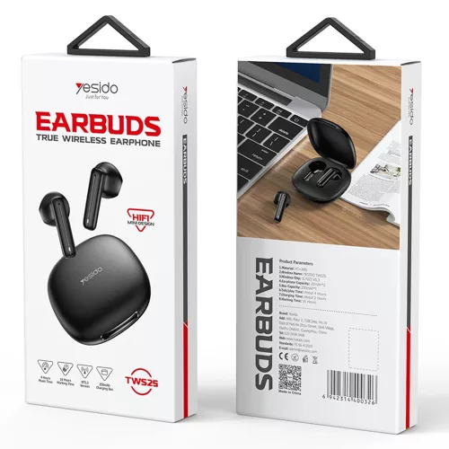 Yesido - Vezeték nélküli fülhallgató (TWS25) - Mikrofonnal, Bluetooth V5.3, Érintésvezérlés, Félig fülbe helyezhető kialakítás, 250mAh - Fekete