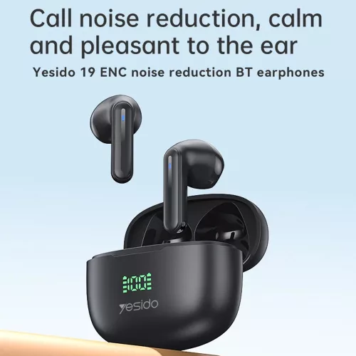 Yesido - Vezeték nélküli fülhallgató (TWS19) - ENC-vel, Érintésvezérléssel, Bluetooth V5.3, LED kijelzővel, félig fülbe helyezhető kialakítással, 470mAh - Fekete