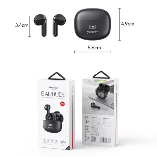 Yesido - Vezeték nélküli fülhallgató (TWS19) - ENC-vel, Érintésvezérléssel, Bluetooth V5.3, LED kijelzővel, félig fülbe helyezhető kialakítással, 470mAh - Fekete