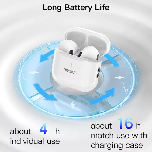 Yesido - Vezeték nélküli fülhallgató (TWS17) - Bluetooth V5.1-gyel, félig fülbe helyezhető kialakítás, 200mAh, C típusú - fehér