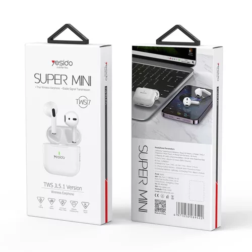 Yesido - Vezeték nélküli fülhallgató (TWS17) - Bluetooth V5.1-gyel, félig fülbe helyezhető kialakítás, 200mAh, C típusú - fehér