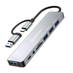   Techsuit - Docking Station DataBridge 8 in 1 (H9) - USB, Type-C to 4x USB, Type-C, 3.5mm Jack, TF/SD Card - Gray