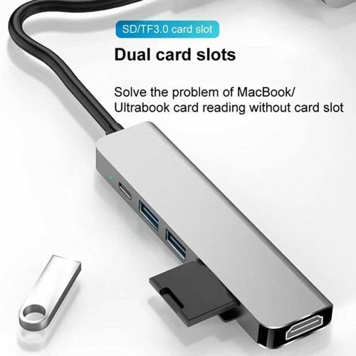 Techsuit - Docking Station TurboChargeX 6 in 1 (H5) - Type-C to 2x USB, Type-C, HDMI, TF/SD Card, PD100W, 4K@30Hz - Gray