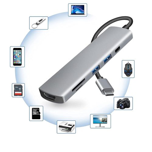 Techsuit - Docking Station TurboChargeX 6 in 1 (H5) - Type-C to 2x USB, Type-C, HDMI, TF/SD Card, PD100W, 4K@30Hz - Gray