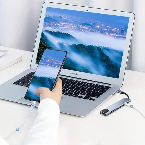 Techsuit - Docking Station NetBridge 8 in 1 (H2) - Type-C to 2x Type-C, 2x USB, HDMI, RJ45, TF/SD, 4K@30Hz, PD87W - Gray