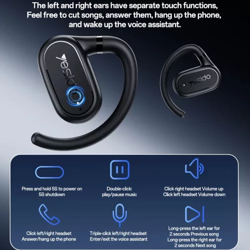 Yesido - Vezeték nélküli fülhallgató (YSP25) - Bluetooth V5.3-mal, Nyitott fülű kialakítás, IP54, 600mAh - Fekete