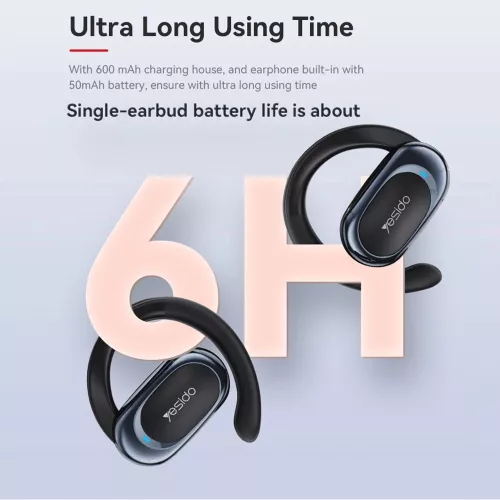 Yesido - Vezeték nélküli fülhallgató (YSP13) - Bluetooth V5.3-mal, nyitott fülű kialakítás, légvezetéses hangzás, 600mAh, LED - fekete