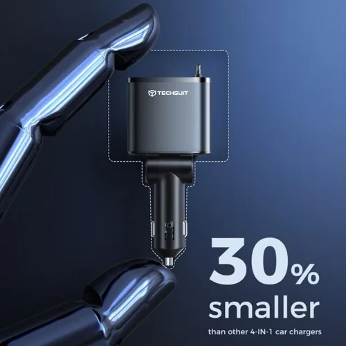 Techsuit - Premium Car Charger NanoVoltX (C1) - with Retractable USB-C, Lightning Cables, USB 2.4A, PD30W, 69W, 180° - Gray