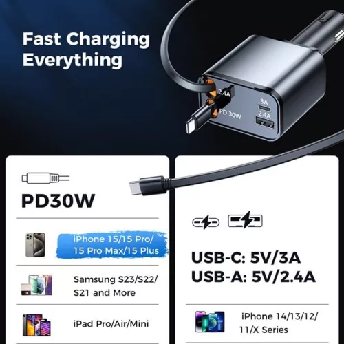 Techsuit - Premium Car Charger NanoVoltX (C1) - with Retractable USB-C, Lightning Cables, USB 2.4A, PD30W, 69W, 180° - Gray