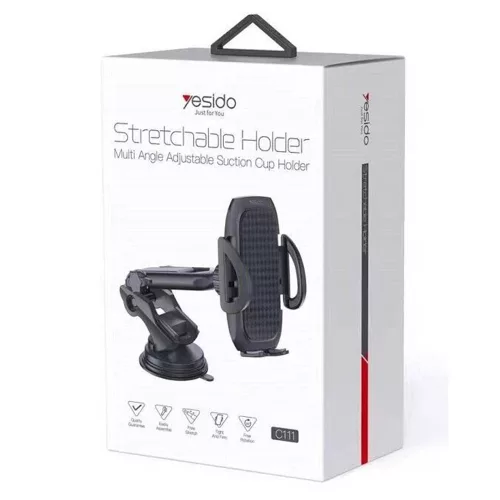 Yesido - Autós tartó (C111) - Kihajtható kar, 360° forgathatóság, Műszerfalra, Szélvédőre - Black