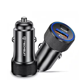   Techsuit - Premium Car Charger VoltDuo (C2) - with LED Light, USB QC 3.0, Type-C PD30W, ABS, Metal - Black
