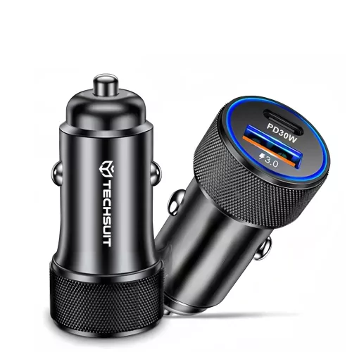 Techsuit - Premium Car Charger VoltDuo (C2) - with LED Light, USB QC 3.0, Type-C PD30W, ABS, Metal - Black