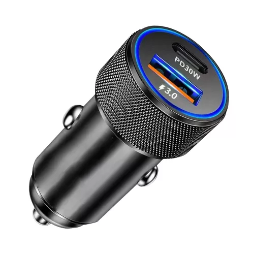 Techsuit - Premium Car Charger VoltDuo (C2) - with LED Light, USB QC 3.0, Type-C PD30W, ABS, Metal - Black