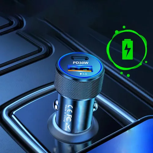 Techsuit - Premium Car Charger VoltDuo (C2) - with LED Light, USB QC 3.0, Type-C PD30W, ABS, Metal - Black