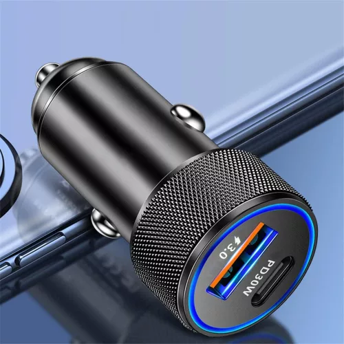 Techsuit - Premium Car Charger VoltDuo (C2) - with LED Light, USB QC 3.0, Type-C PD30W, ABS, Metal - Black