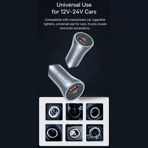 Techsuit - Premium Car Charger RescueVolt (C3) - with Metal Window Breaker, Fast Charge, USB QC18W, USB-C PD30W, 5V/3A - Grey