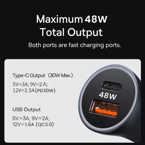 Techsuit - Premium Car Charger RescueVolt (C3) - with Metal Window Breaker, Fast Charge, USB QC18W, USB-C PD30W, 5V/3A - Grey