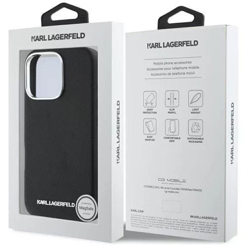Karl Lagerfeld - Saffiano Full Wrapped Elongated Metal Logo MagSafe (KLHMP16XPSAFWMCK) - iPhone 16 Pro Max - Black