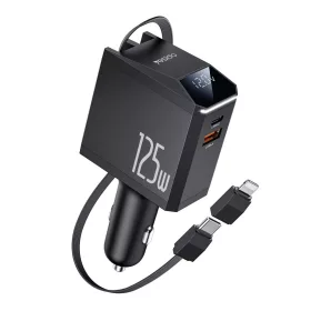   Yesido - 4in1 Car Charger (Y71) - with Type-C Retractable Cable + Lightning Adapter, Dual Port USB-A + Type-C, 125W, LED Display - Black