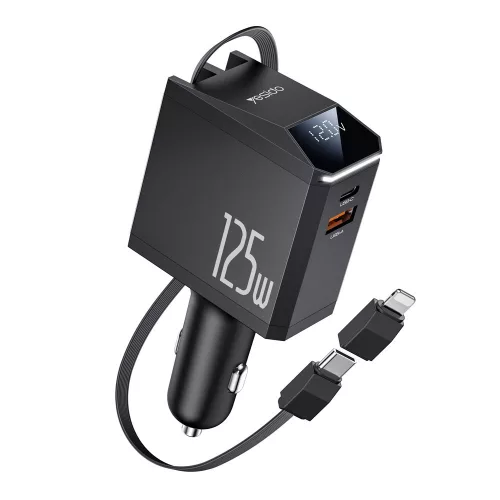 Yesido - 4in1 Car Charger (Y71) - with Type-C Retractable Cable + Lightning Adapter, Dual Port USB-A + Type-C, 125W, LED Display - Black