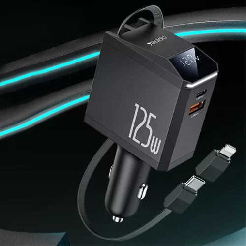 Yesido - 4in1 Car Charger (Y71) - with Type-C Retractable Cable + Lightning Adapter, Dual Port USB-A + Type-C, 125W, LED Display - Black