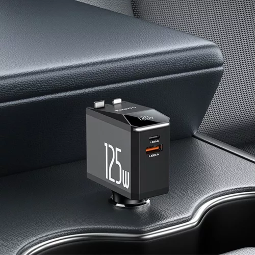 Yesido - 4in1 Car Charger (Y71) - with Type-C Retractable Cable + Lightning Adapter, Dual Port USB-A + Type-C, 125W, LED Display - Black